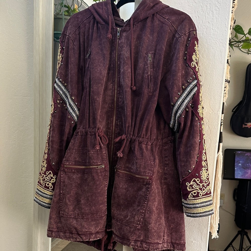 Free People Burgundy Embroidered Utility Jacket